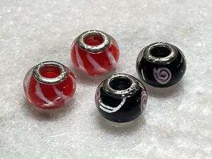 Four 925 Sterling Silver Black Cherry Red & White Murano Glass Bead Beads Charm